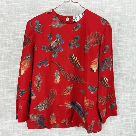 Vintage Tops - Vintage Carlisle Feather Print Blouse Size 14 Silk